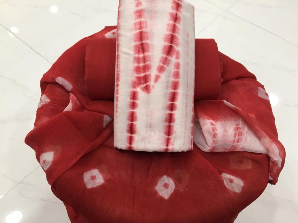 Red shibori print cotton suit set