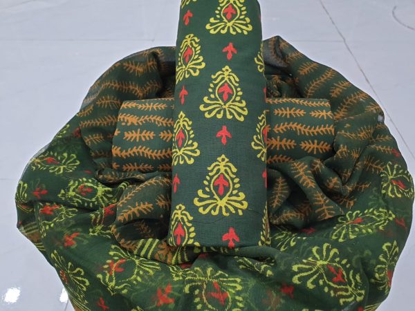 Dark olive green cotton suit with yellow red print