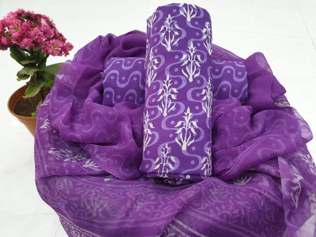 Purple color discharge color pigment booty print cotton suit