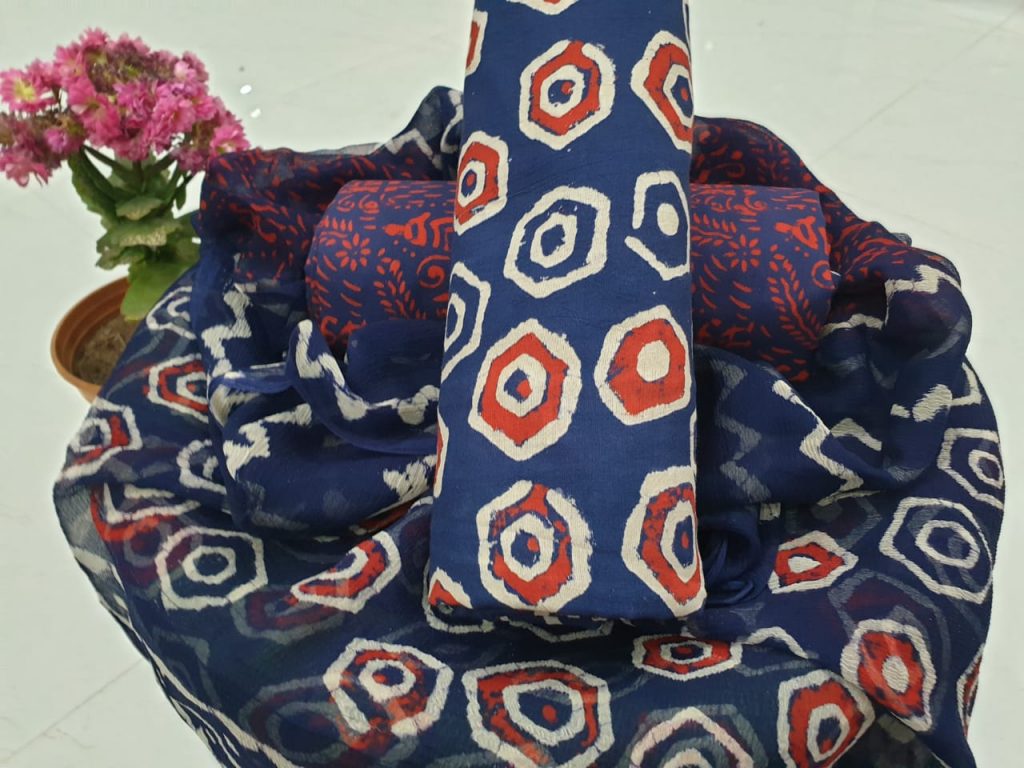 Blue suit with red abstract print cotton suit