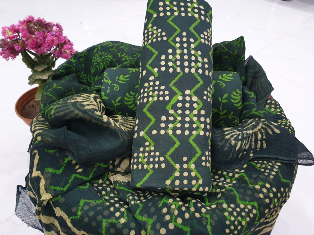 Dark green color cotton suit set with pure chiffon dupatta