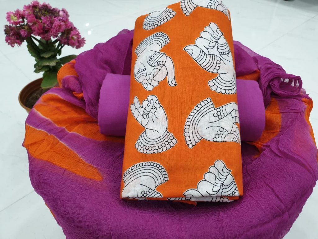 Kalamkari orange plum color cotton suit