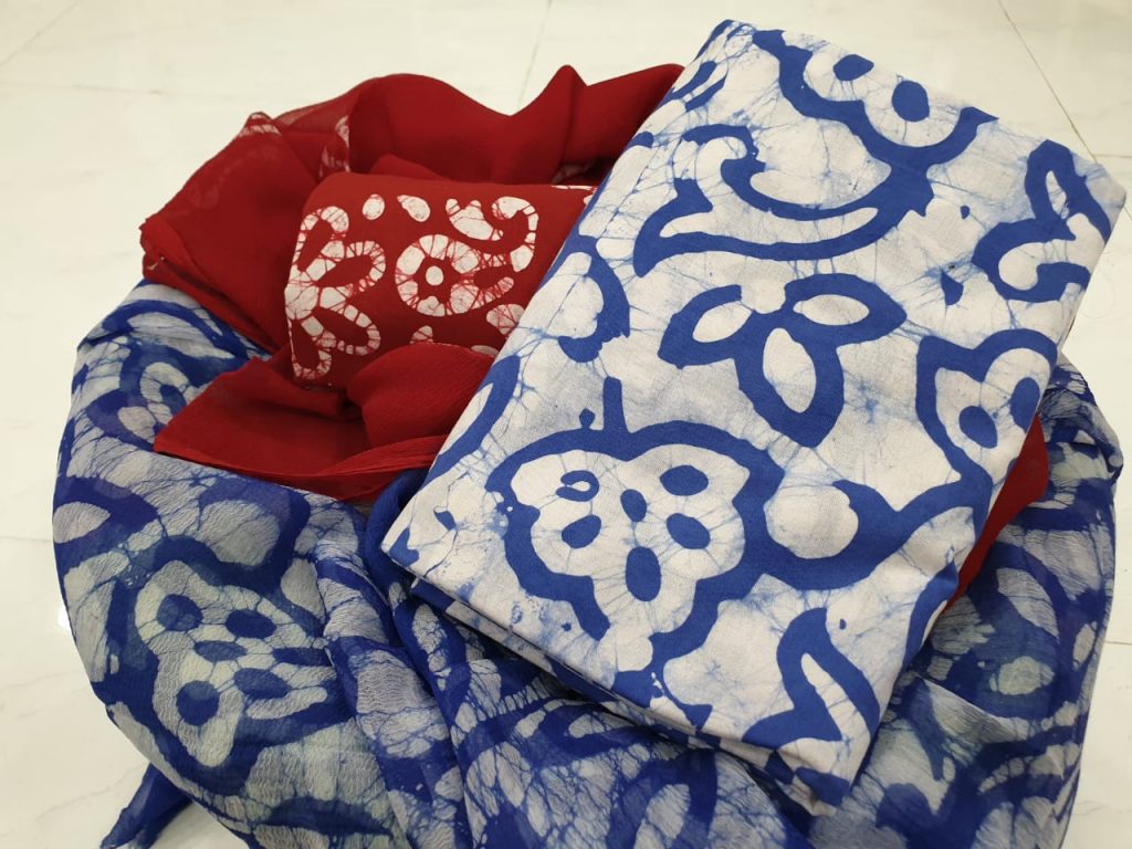Red blue batik print bagru cotton suit