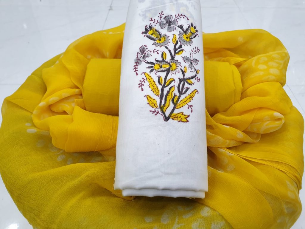 Yellow white mugal print cotton suit