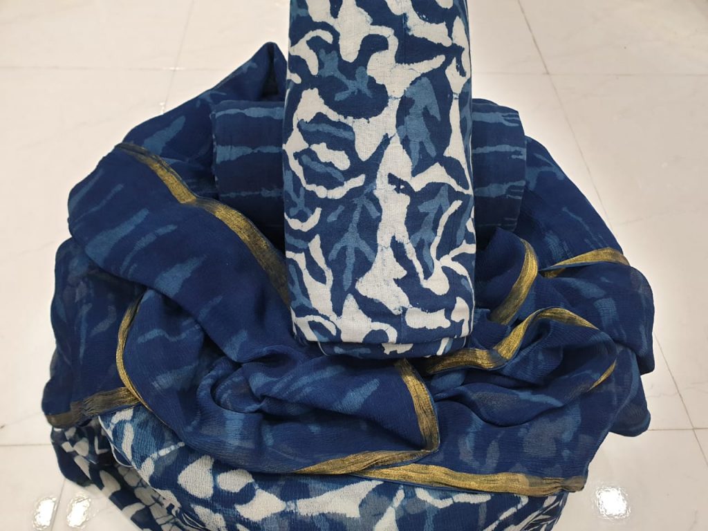 Leaf print indigo blue color zari border cotton suit