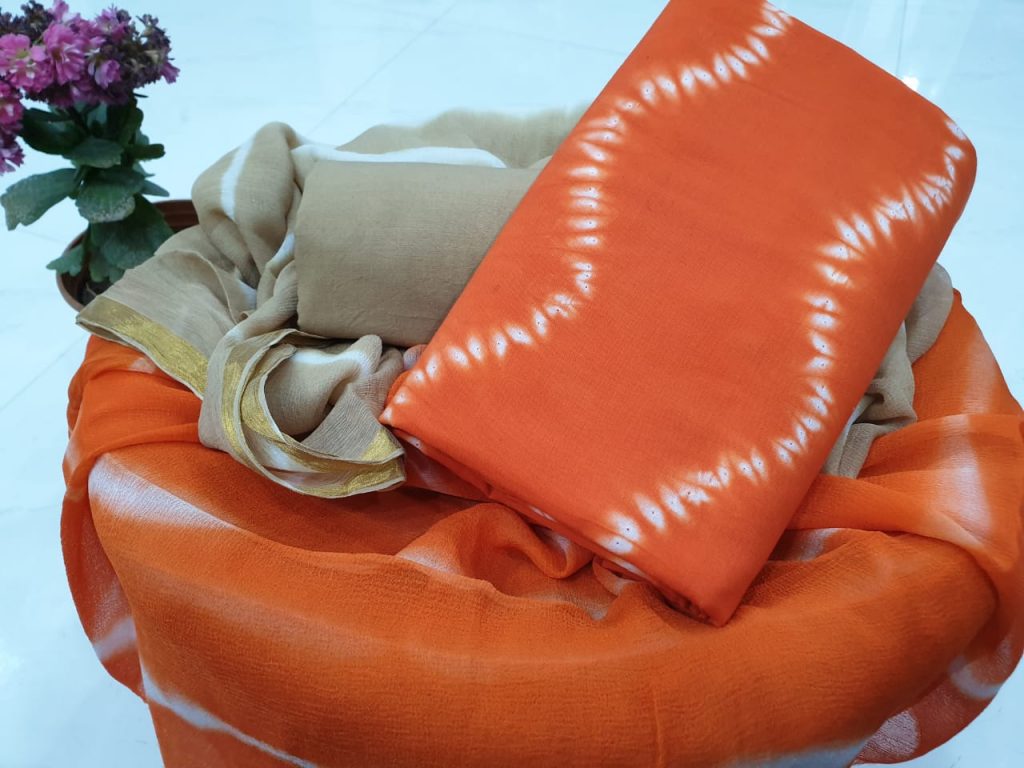 Shibori print orange grey zari border cotton suit