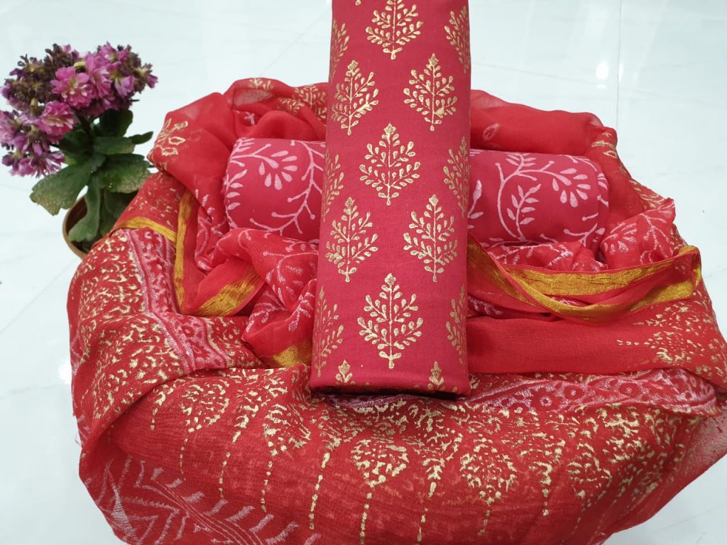 Golden print red cotton suit with zari border dupatta