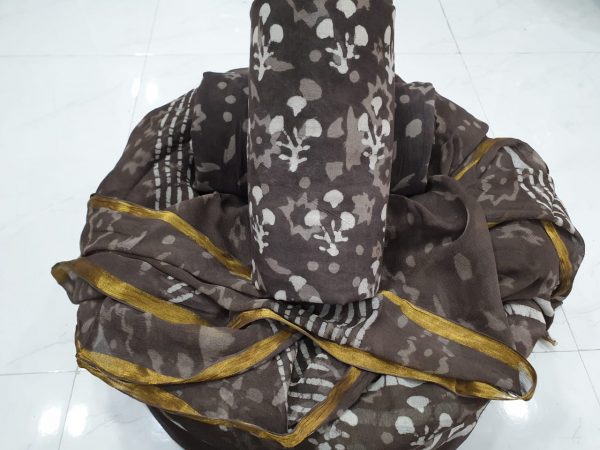 Beautiful grey dabu print zari border cotton suit