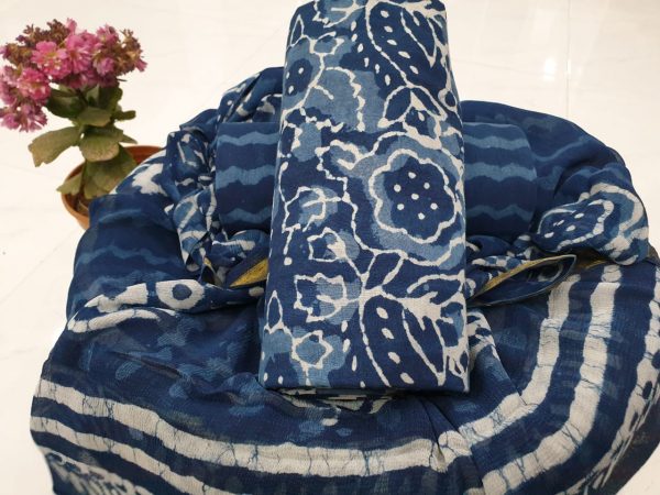 Floral print indigo color zari border cotton suit
