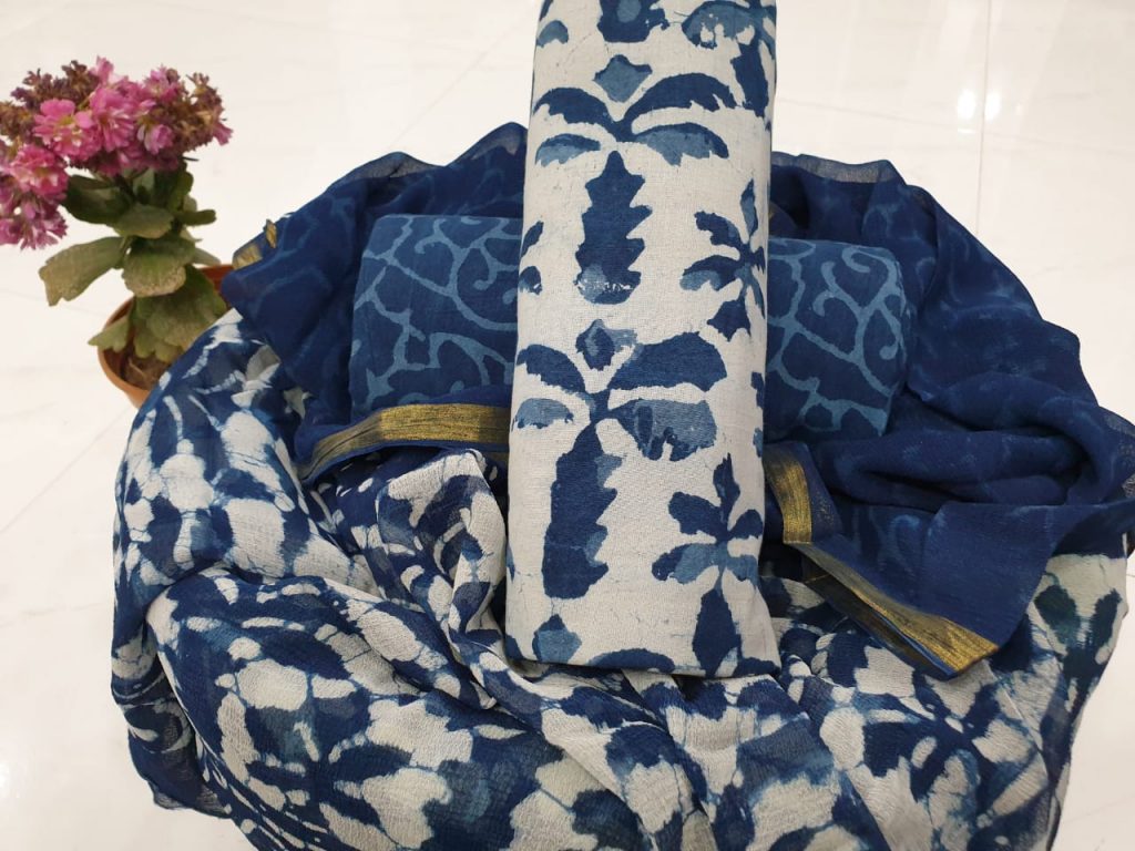 Tree print zari border cotton suit in indigo color