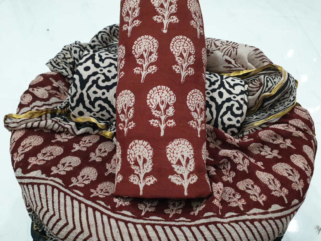 Traditional bagru booty print zari border cotton suit