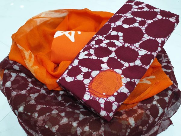 Maroon orange dots batik print cotton suit set