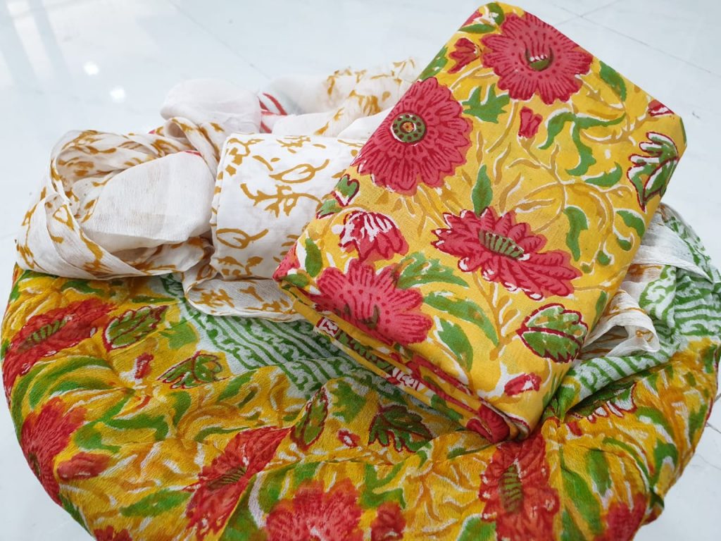 Yellow suit with red floral print cotton suit