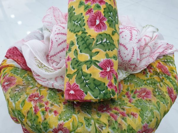 Yellow suit with green floral print cotton suit