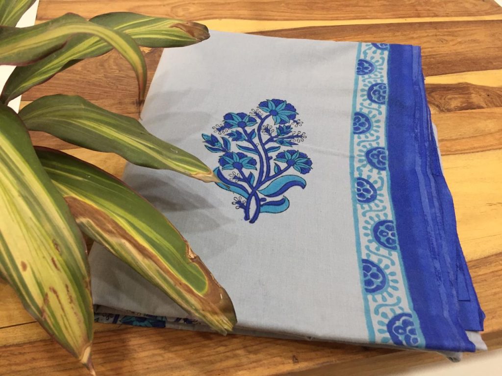 Grey and blue mugal print cotton kurti running material