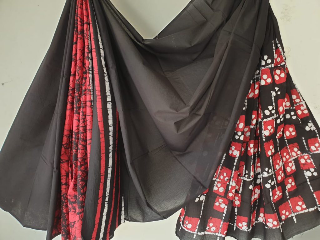 Red black cotton saree with blouse