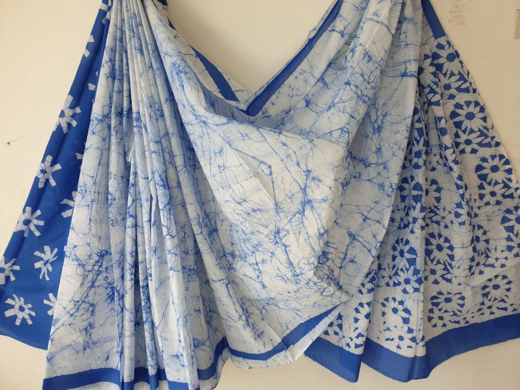 Blue batik print cotton saree with blouse