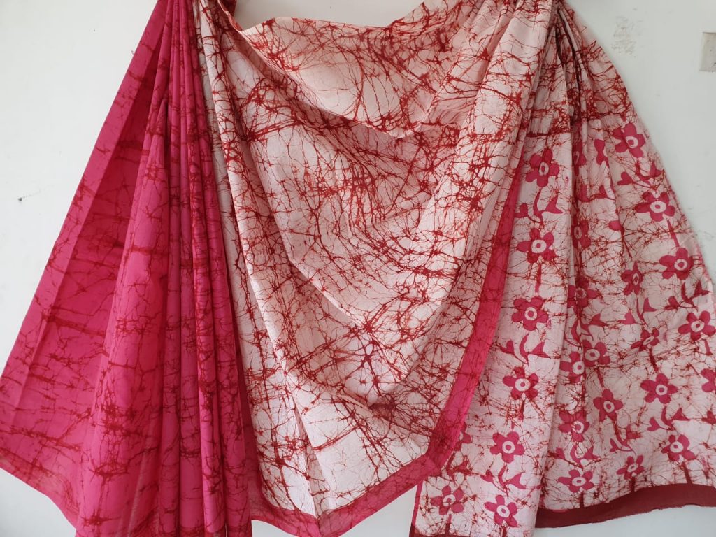 Pink batik print cotton saree with blouse