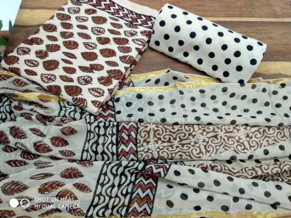 Leaves print white zari border cotton suit set