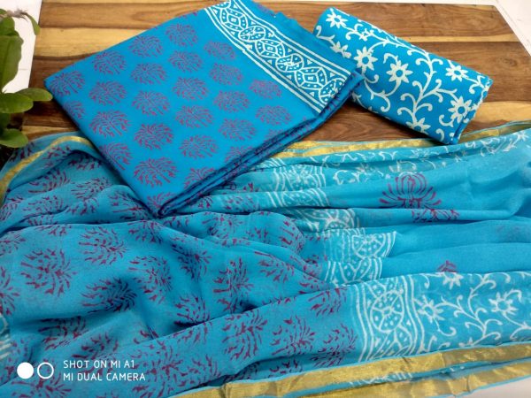 Azure blue zari border cotton chudidar set