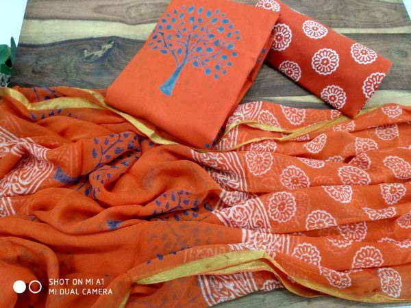Tree print orange color zari border cotton chudidar