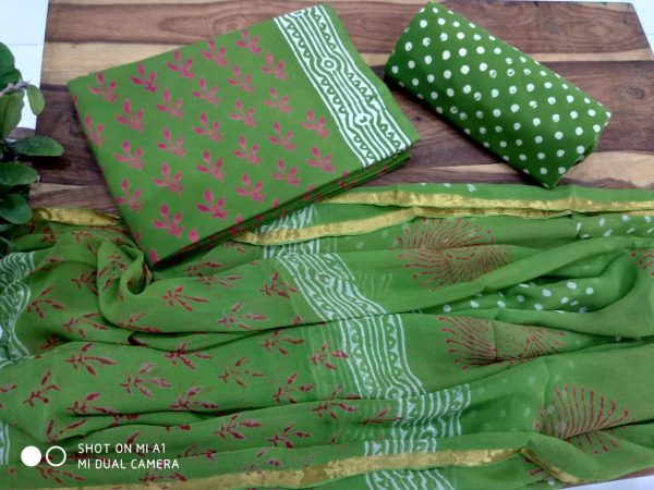Jungle green pigment print zari border cotton suit
