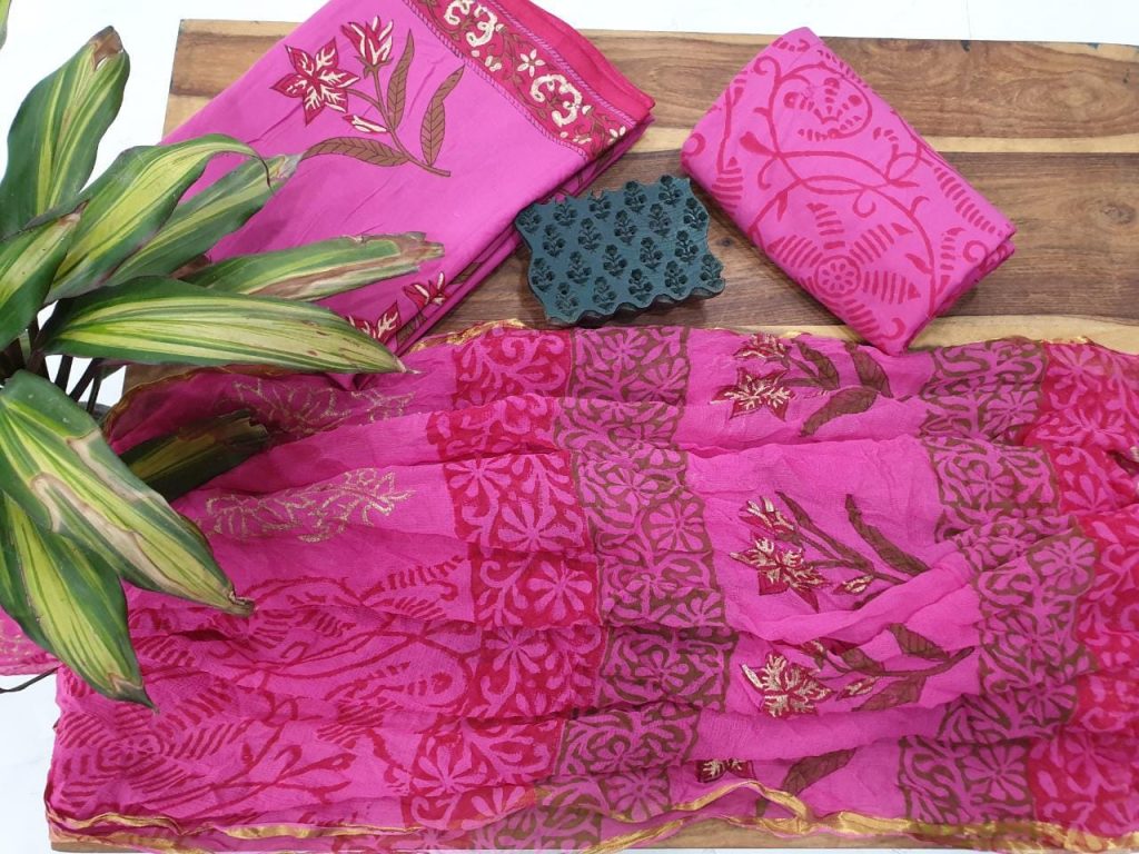 Magenta pink mugal print zari border cotton suit