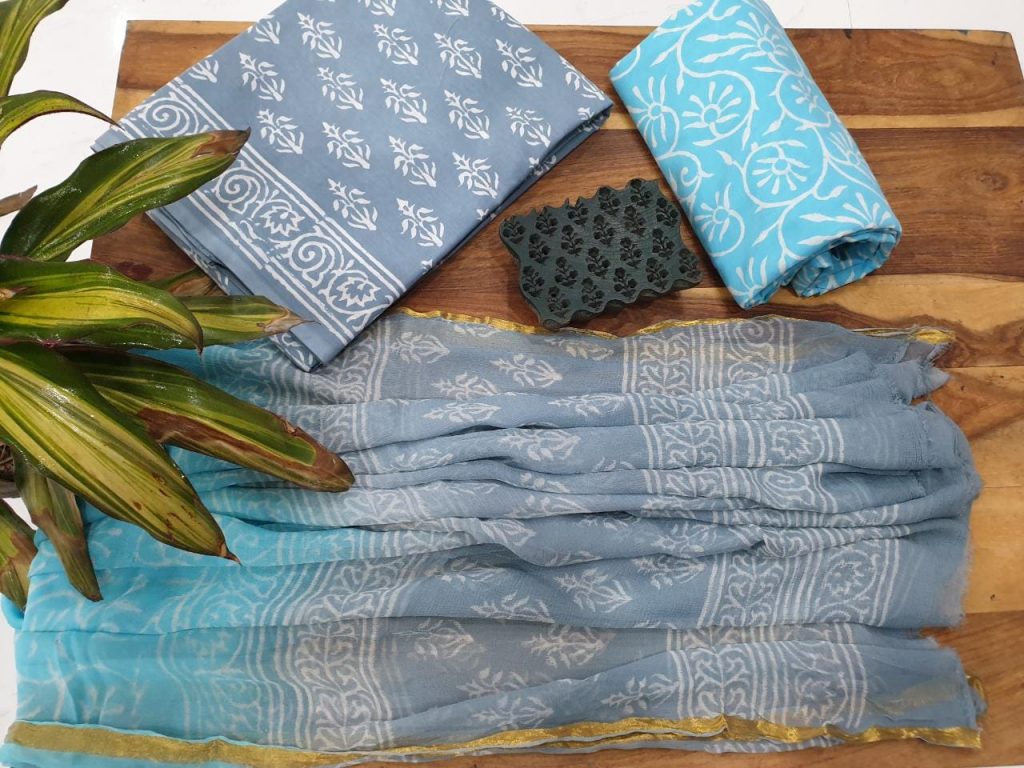 Block print zari border cotton suit with baby blue and silver color