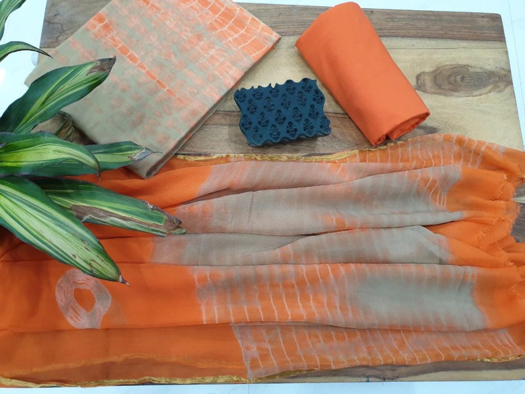 Orange shibori print zari border cotton suit