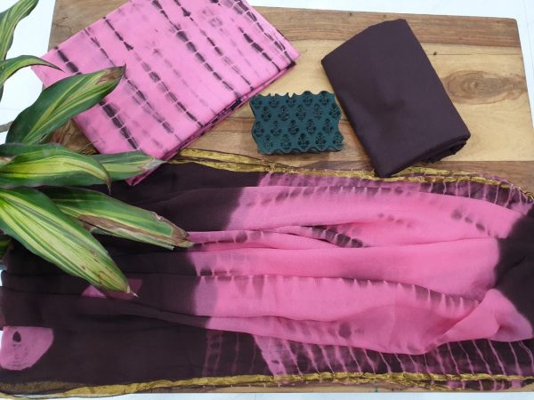 Pink shibori print zari border cotton suit