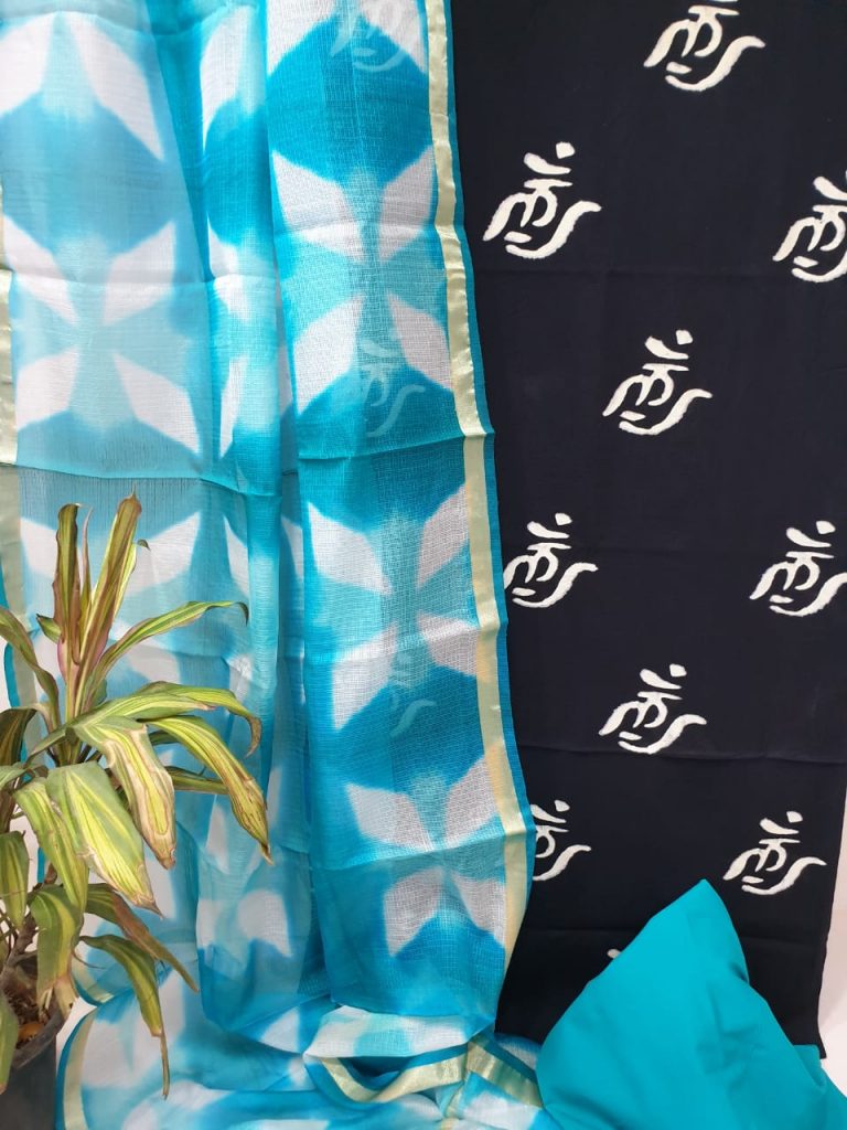 Azure blue and black Cotton chudidar set with kota silk dupatta