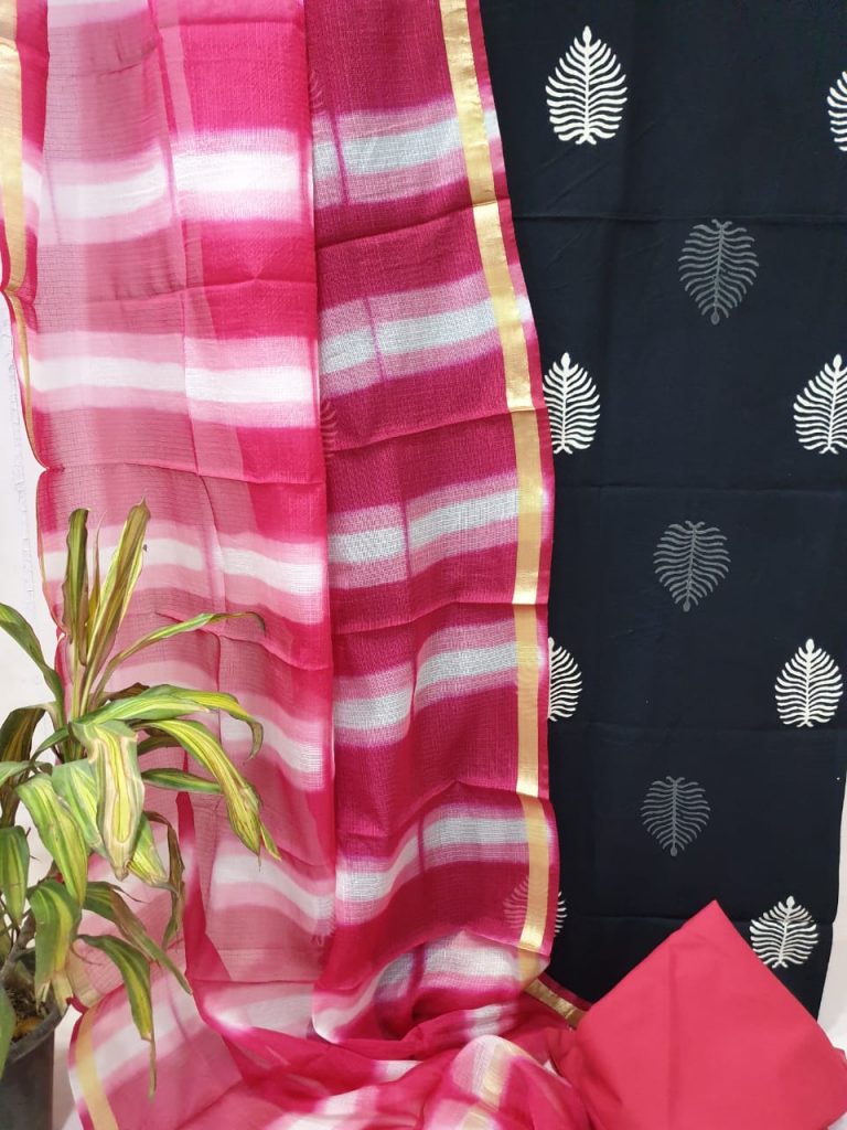 Rose pink and black cotton chudidar set with kota silk dupatta