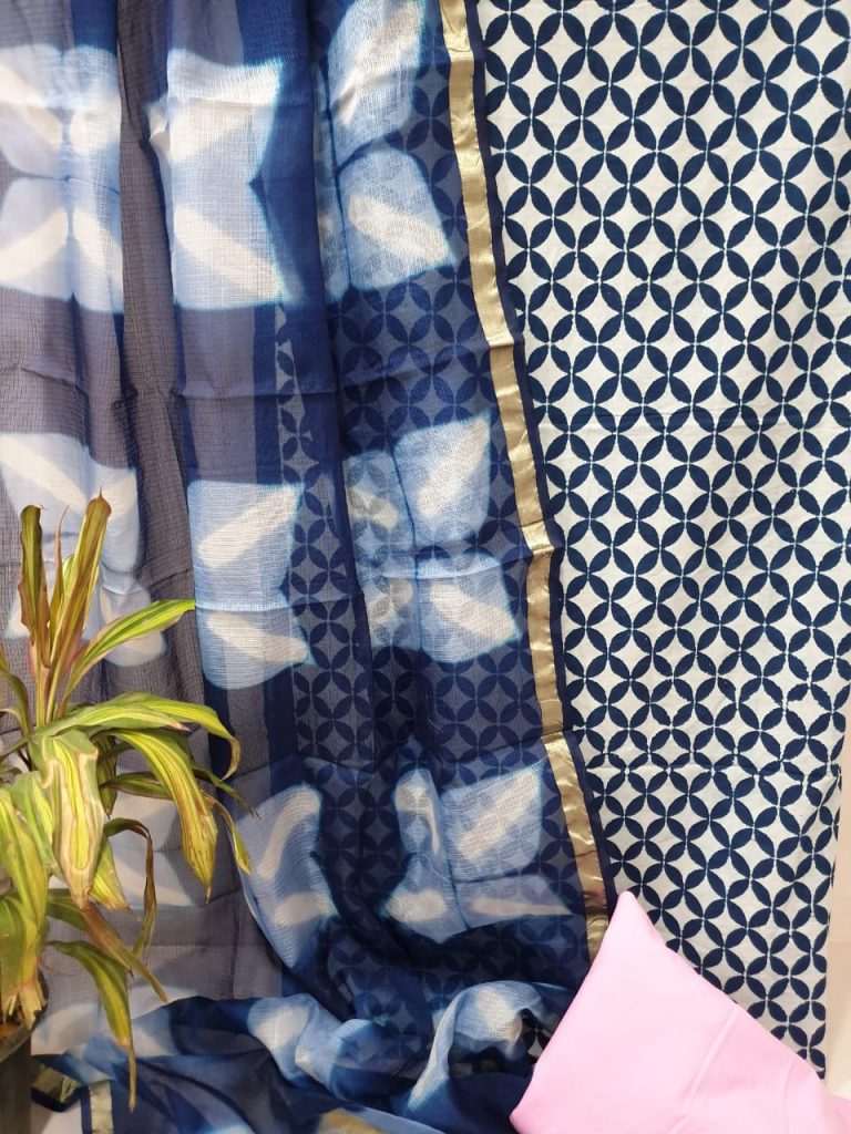 office wear Indigo blue Cotton chudidar set with kota silk dupatta