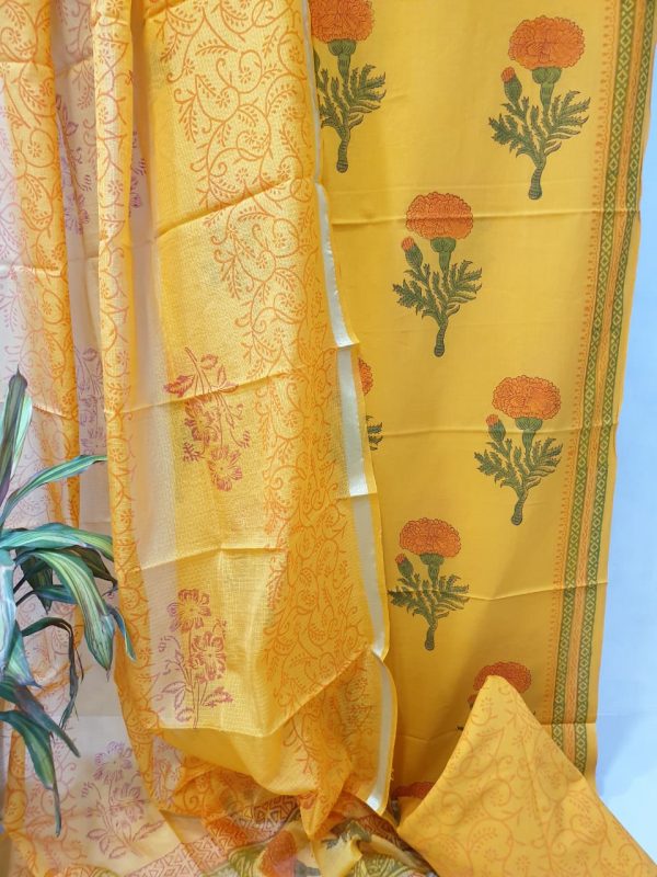 Amber orange mugal print Cotton chudidar set with kota silk dupatta