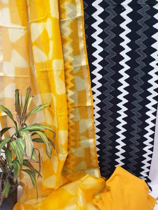 Zigzag print yellow and black Cotton chudidar set with kota silk dupatta