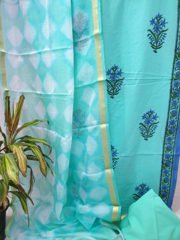 Mugal print tuquoise blue Cotton chudidar set with kota silk dupatta
