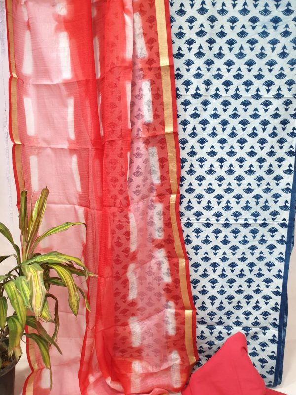 Red and indigo color Cotton chudidar set with kota silk dupatta