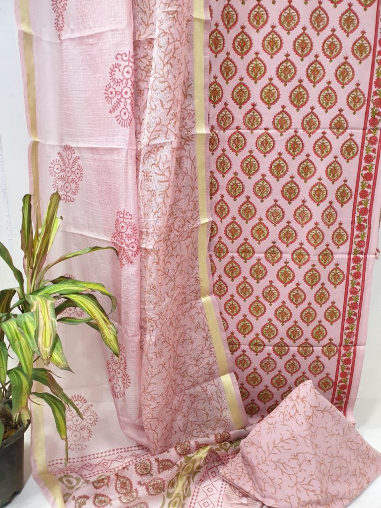 Pinkish pigment print Cotton chudidar set with kota silk dupatta