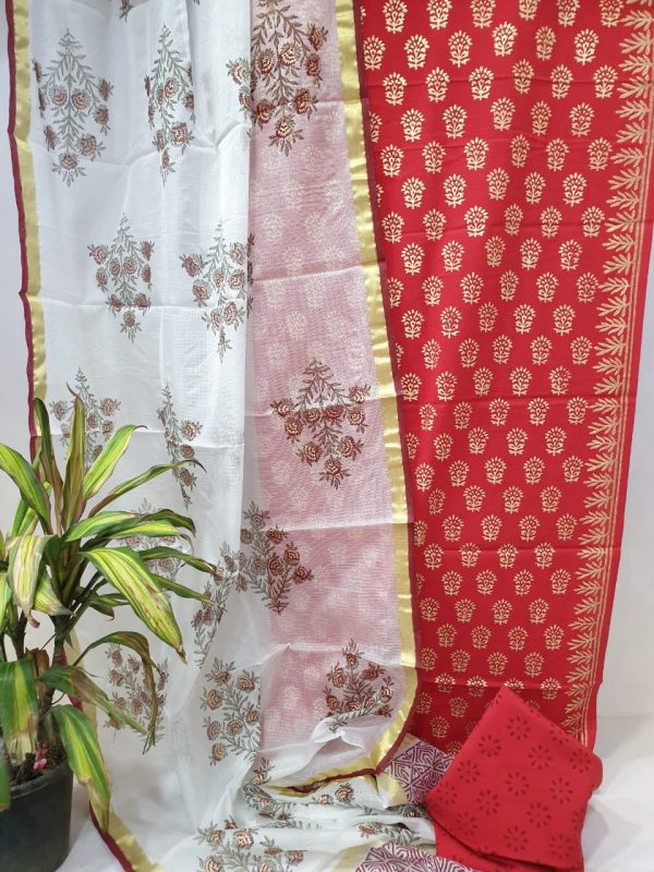Red Cotton suit set with white kota silk dupatta