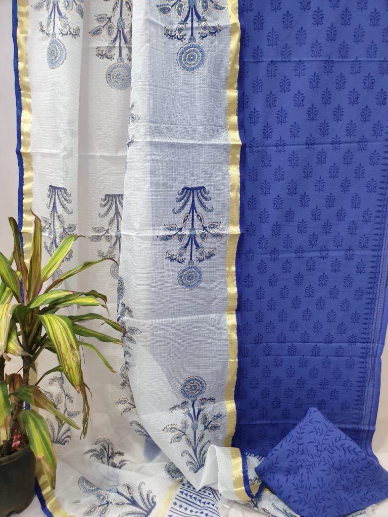 Cobalt blue cotton suit set with kota silk mugal print dupatta