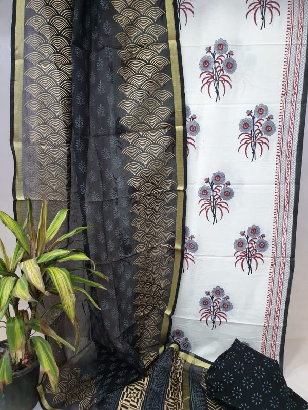 Black kota silk dupatta and white cotton suit