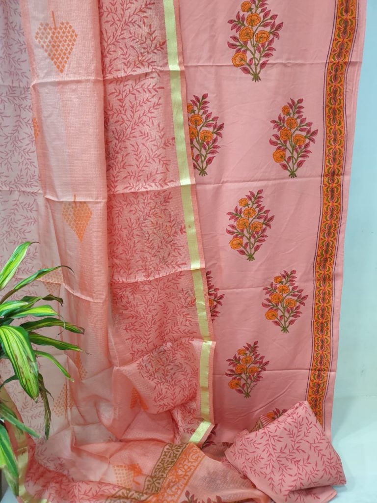 Blush color mugal print cotton suit with kota silk dupatta