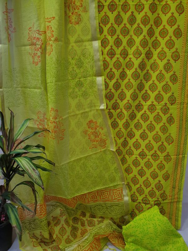 Olive green booty print cotton suit with kota silk dupatta