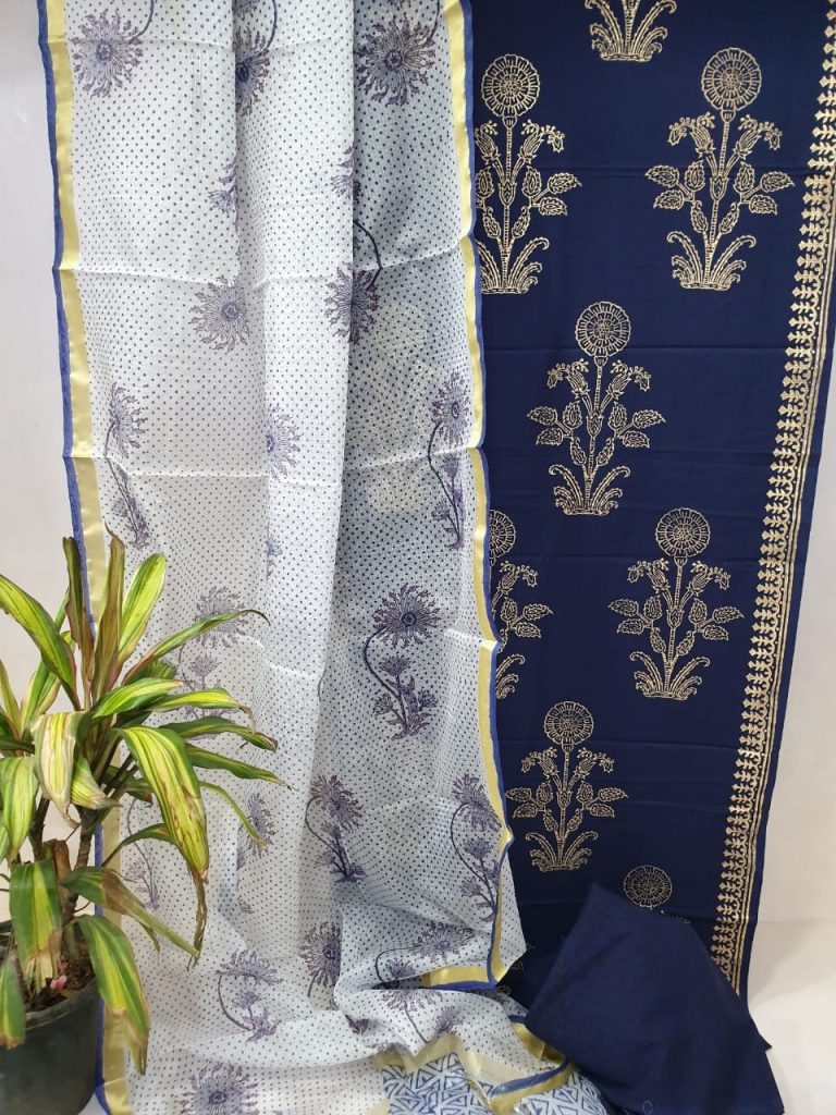 Mugal print navy blue cotton suit with white kota silk dupatta