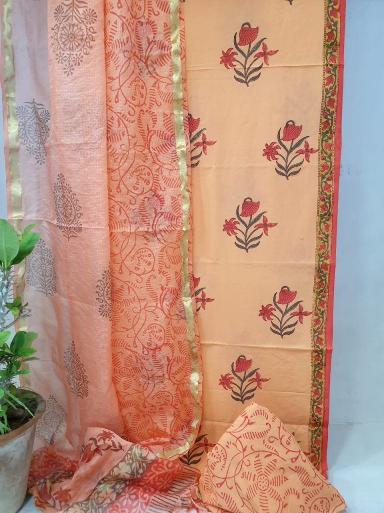 Apricot mugal print Office wear cotton suit with kota silk dupatta