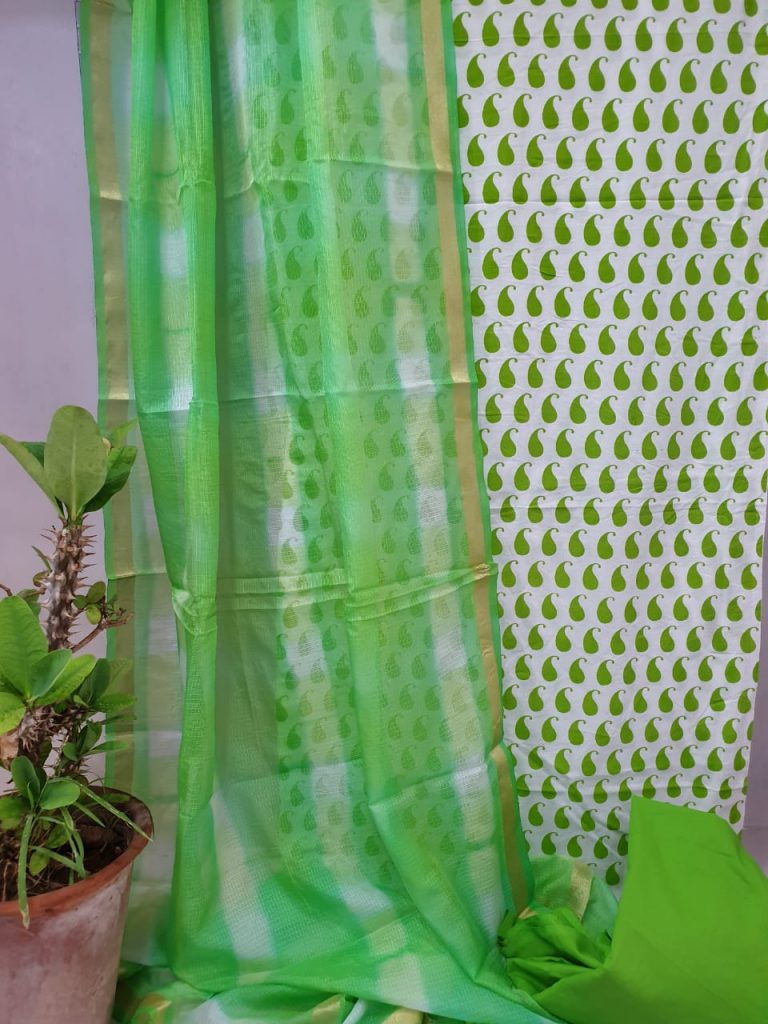 Green pigment kerry print Office wear cotton suit with kota silk dupatta