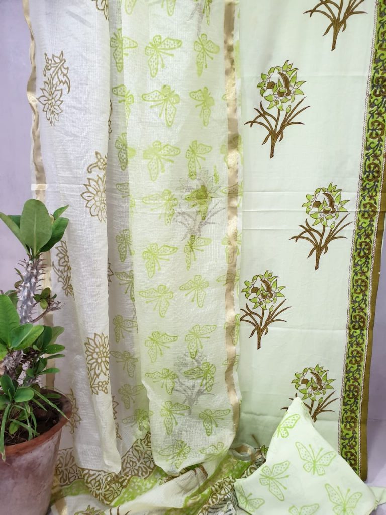 Off white and olive green Office wear cotton suit with kota silk dupatta