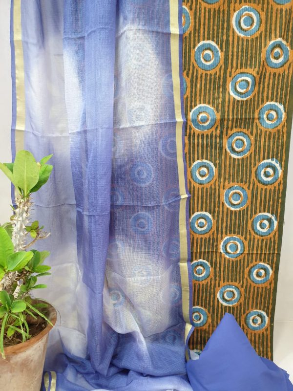 Circle print blue brown Office wear cotton suit with kota silk dupatta
