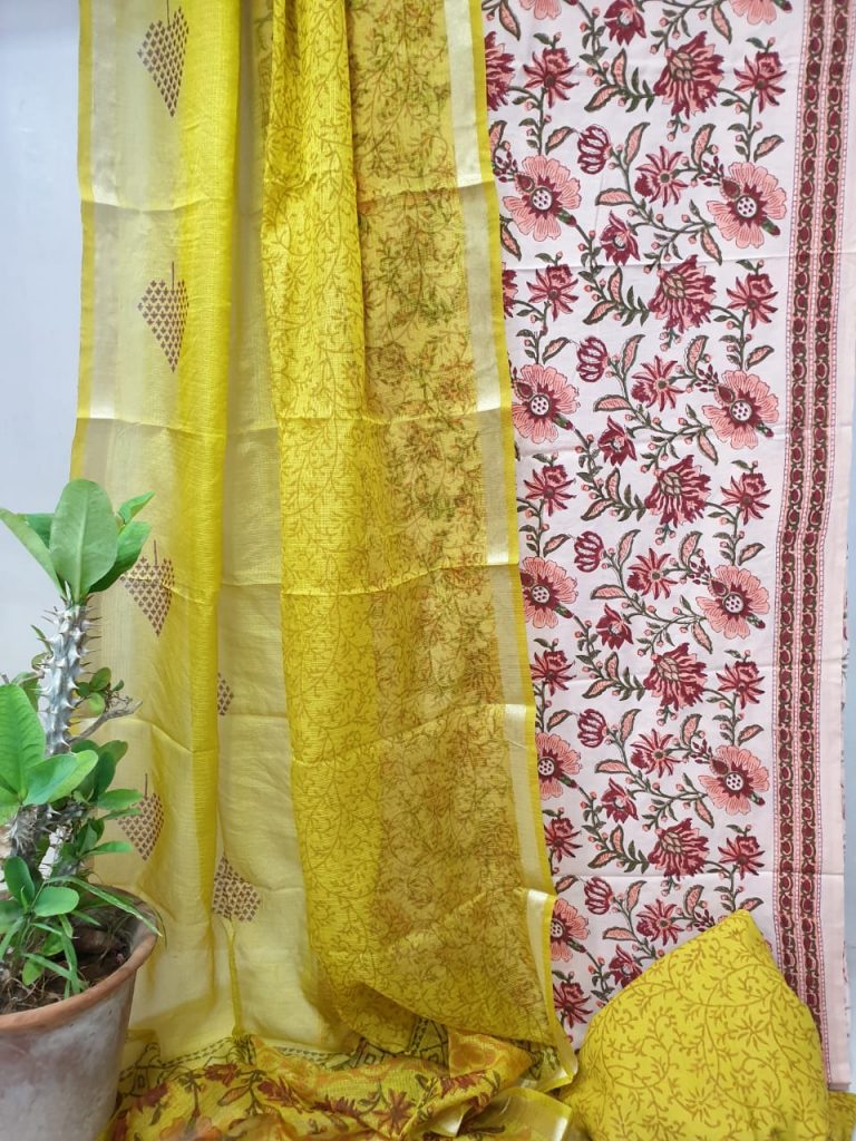 Gold and white pigment print Office wear cotton suit with kota silk dupatta