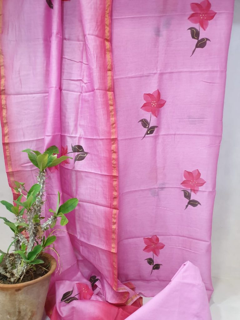 Magenta pink floral mugal print chanderi suit